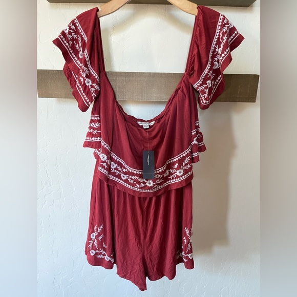 American Eagle|SOFT Burgundy Floral Embroidered Romper, Off the Shoulder•••NWT - Picture 13 of 13